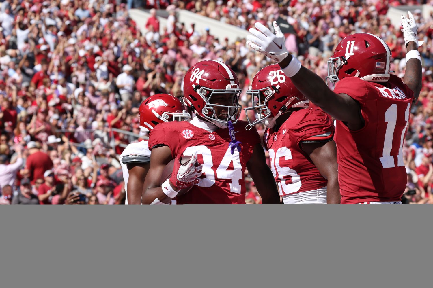 Amari Niblack, Malik Benson celebrate touchdown against Arkansas